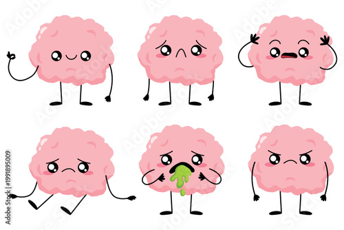 Cute Cartoon Brain character set. Mind and thinking. Tired, sad, depression, vomiting, burnout human brain concept. Stock vector illustration isolated on white background.