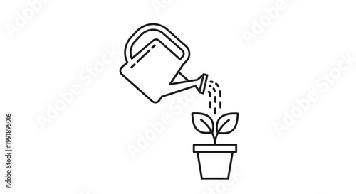 Watering a small plant in a pot with a watering can icon