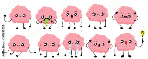 Cute Cartoon Brain character set. Education and mind problems. Tired, sad, depression, vomiting, burnout human brain concept. Stock vector illustration isolated on white background.