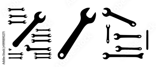 Wrench set with black silhouette against white background featuring tool, hardware, mechanic with illustration and vector