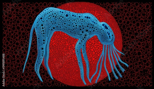 Surreal digital art of a blue creature, red orb, and a background of small circles