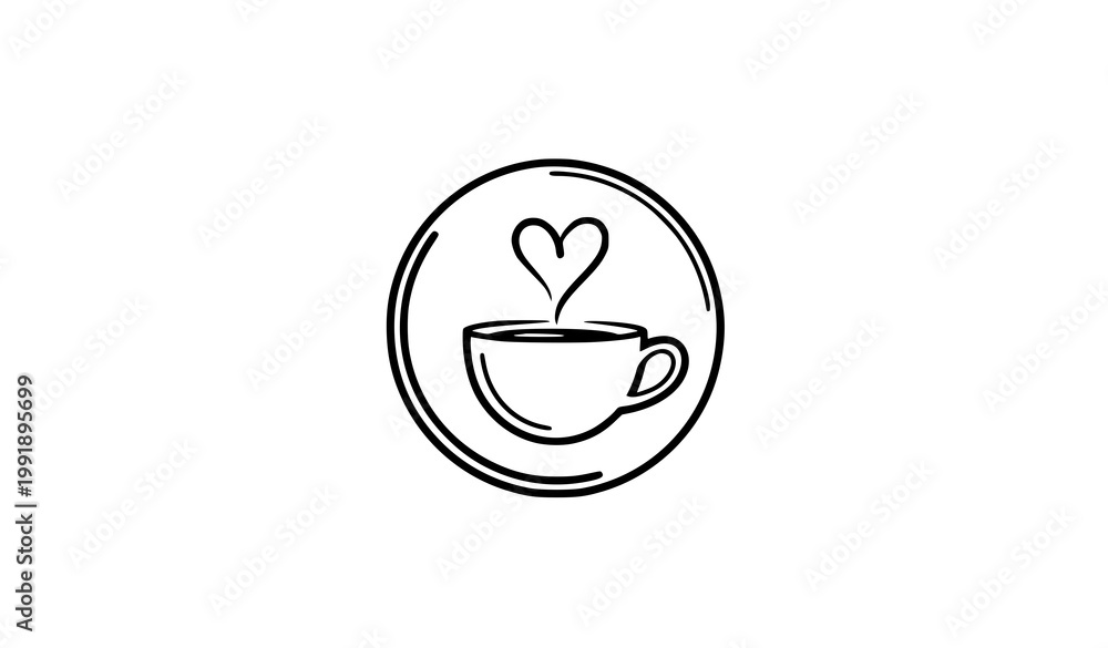 Obraz premium Elegant coffee cup logo with heart steam minimalist badge style cafe vector design