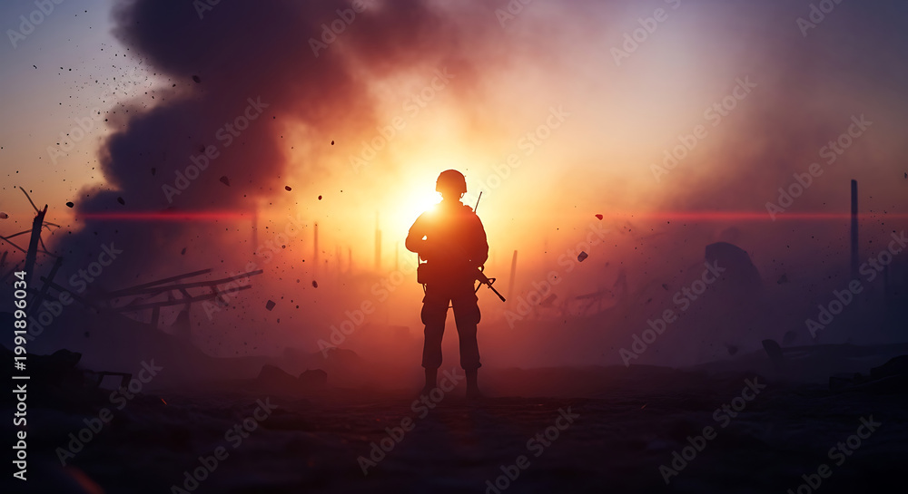 Obraz premium Lone Soldier Silhouette in War Zone at Sunset – Military Conflict Scene