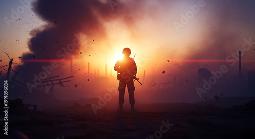 Lone Soldier Silhouette in War Zone at Sunset – Military Conflict Scene