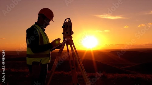 Photographer capturing golden sunset landscape with tripod and camera