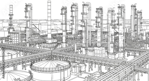 Detailed wireframe rendering of a large industrial chemical plant or oil refinery complex with numerous towers, pipes, and storage tanks.