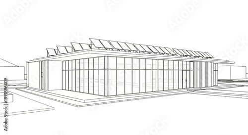 Wireframe rendering of a modern building with solar panels on the roof, showcasing sustainable architecture design.