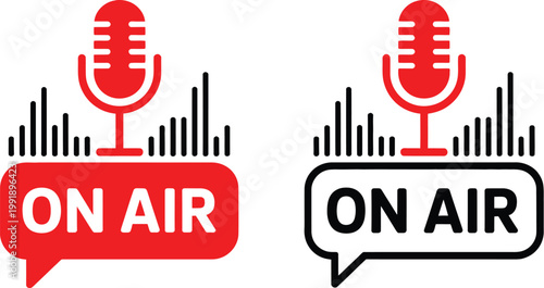 Live On Air microphone and sound wave signs representing broadcasting radio streaming podcasting live communication and media production concepts in clean modern vector icon style 