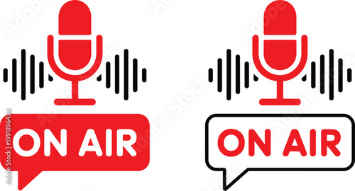 Live On Air microphone and sound wave signs representing broadcasting radio streaming podcasting live communication and media production concepts in clean modern vector icon style 