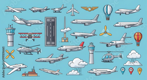 Collection of Airplanes Helicopters and Air Traffic Control Towers.
