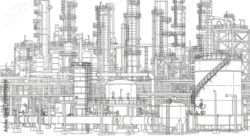 Detailed wireframe blueprint of a large industrial oil refinery or chemical plant with multiple towers and interconnected piping.