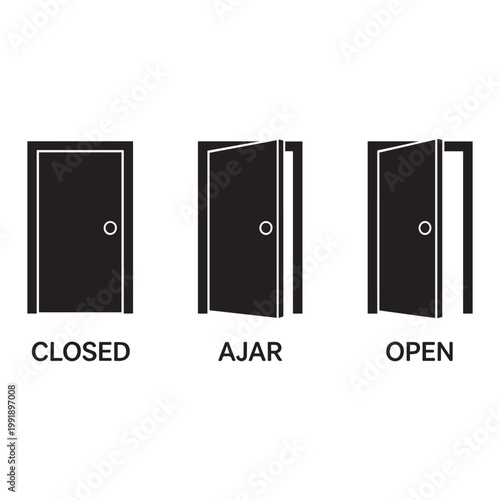 Black and White Minimalist Door Status Icons: Closed, Ajar, and Open.