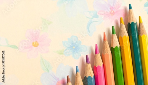 Close‑up of sharpened colored pencils arranged neatly in a row, showcasing vivid hues of blue, green, yellow, orange, red, pink, and purple on a pastel floral patterned surface, symbolizing creativity