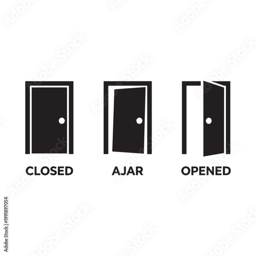 Black and White Minimalist Door Status Icons: Closed, Ajar, and Open.