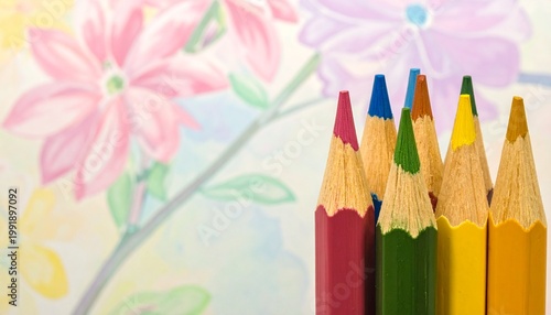 Close‑up of sharpened colored pencils arranged neatly in a row, showcasing vivid hues of blue, green, yellow, orange, red, pink, and purple on a pastel floral patterned surface, symbolizing creativity