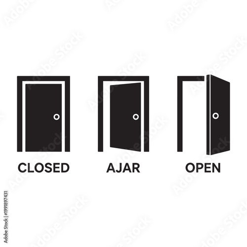 Black and White Minimalist Door Status Icons: Closed, Ajar, and Open.