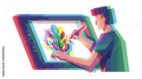 A digital artist meticulously uses a sleek stylus on a tablet screen to create vibrant, colorful artwork featuring a distinct chromatic aberration effect.