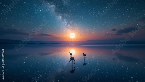 月と星に抱かれたフラミンゴの幻想湖