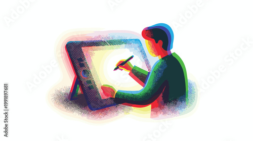 Artist using a stylus on a digital drawing tablet rendered with a vibrant chromatic aberration and grainy texture effect for a retro artistic aesthetic.