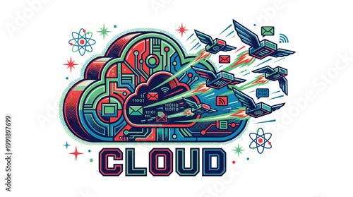 A stylized cloud icon featuring intricate circuit board patterns launches small winged server boxes to symbolize rapid cloud computing data transmission.