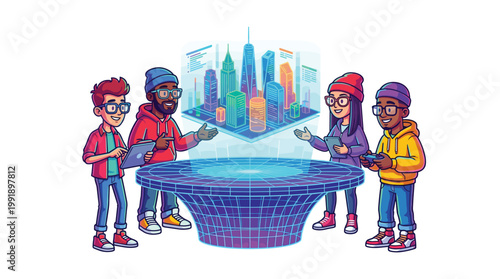 Four developers stand around a glowing holographic city projection hovering above a circular grid table in a modern high-tech collaborative workspace area.