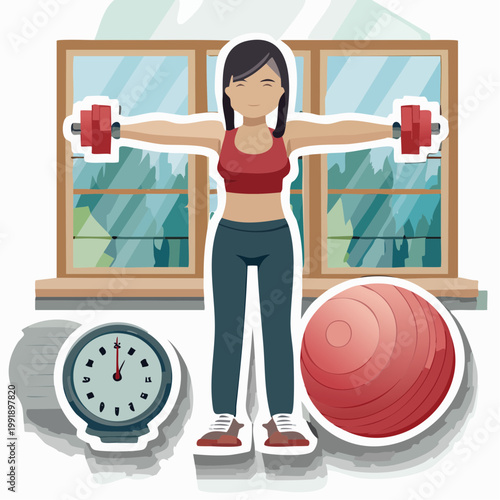 Woman exercising with dumbbells and exercise ball at home