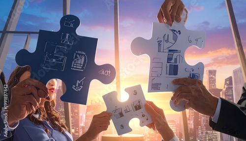 Hands assembling blue puzzle pieces with business icons in a modern office at sunset, symbolizing teamwork, collaboration, and strategic problem‑solving in a professional environment.