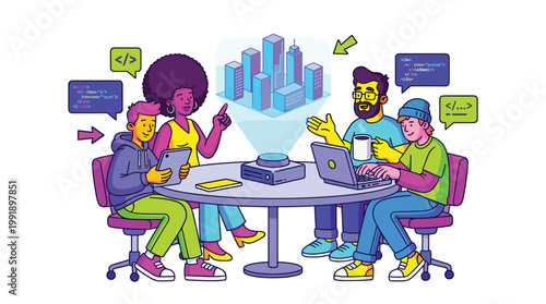 A diverse team of developers collaborates around a circular table featuring a holographic city model, laptops, and floating code snippets in a bright room.