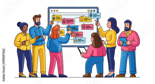 Group of diverse professionals gathers around a large browser-style whiteboard filled with sticky notes and task management diagrams in a meeting room.
