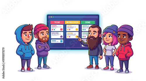 A team of developers wearing casual hoodies stands before a large digital Kanban board that clearly displays various project tasks currently in progress.