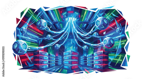 Futuristic data center infrastructure utilizes glowing crystalline orbs and interconnected cables to manage massive server racks in a vibrant neon environment.