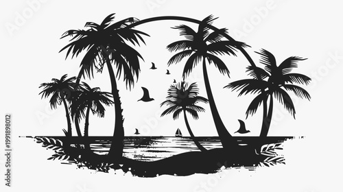 Silhouette of palm trees and birds on a beach with circle composition