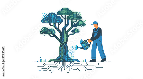 A technician wearing blue overalls carefully waters a digital tree with roots made of intricate circuit lines and foliage of flowing binary code data.