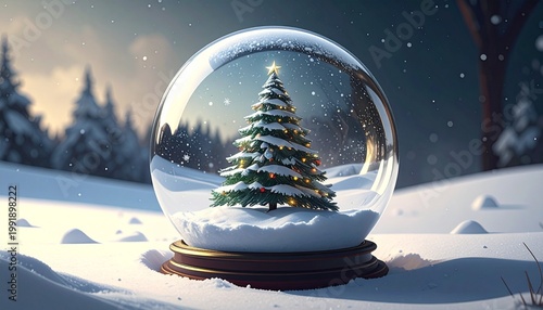 Snow globe with a decorated Christmas tree inside, placed outdoors on snowy ground, surrounded by a winter landscape with soft warm light, symbolizing festive magic, serenity, and seasonal beauty.