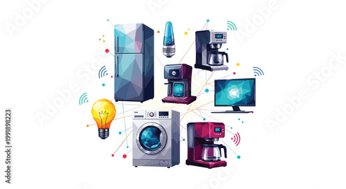 Various smart household appliances are interconnected by thin lines to a central network hub in this vibrant and modern polygonal digital illustration style.