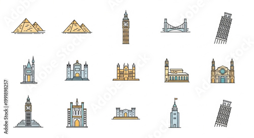 Collection of Famous World Landmarks and Buildings Icons.