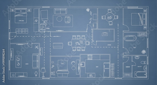 Blueprint of a house floor plan with detailed room layouts.
