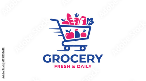Grocery Shopping Cart with Fresh Food Items Logo.