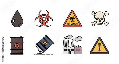 Set of industrial and hazard warning icons and symbols.