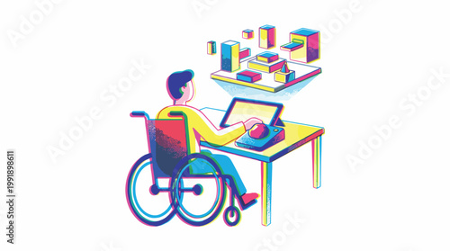 Person in a wheelchair uses a trackball device to manipulate floating 3D geometric shapes above a tablet screen in a grainy and colorful digital workspace.