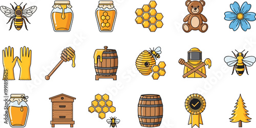 Beekeeping and Honey Production Collection with Bees, Honey Jars, Hive, Tools and Natural Sweet Products for Organic Farming and Vector Illustration.