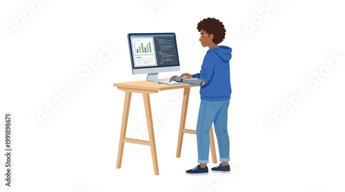A person with a prosthetic arm stands at a wooden standing desk, typing on a computer displaying complex code and charts in a bright white environment.