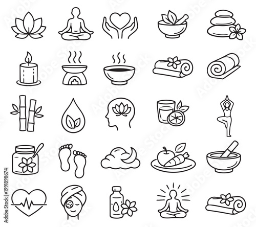 wellness spa yoga relaxation health beauty therapy editable line icons