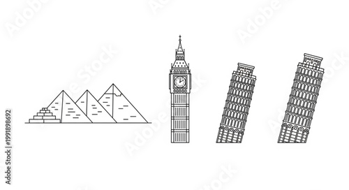 Iconic Landmarks Collection Egyptian Pyramids Eiffel Tower Leaning Tower of Pisa.