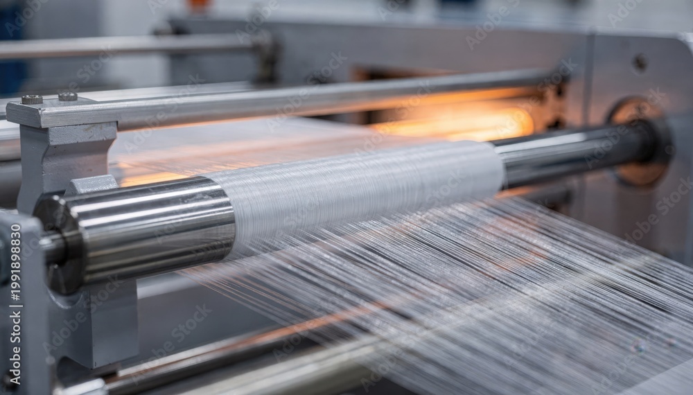 Naklejka premium Medium view of highmodulus polyester fibers undergoing stretching and annealing emphasizing enhanced strength and stiffness in an automated industrial process.