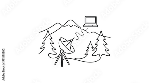 A minimalist line art illustration depicts a satellite dish nestled in a pine forest beaming wireless signals to a hovering laptop in the mountain air.