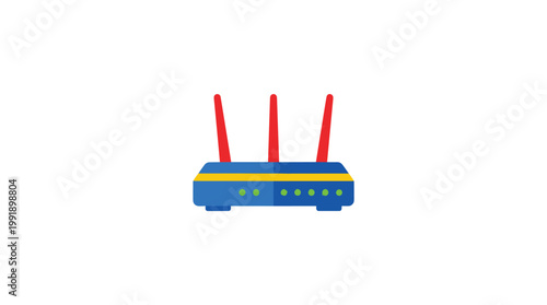 Blue network router with three prominent red antennas and glowing green status lights sits centered on a clean and stark white background environment today.