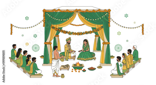 Indian Wedding Ceremony Scene with Couple and Guests
