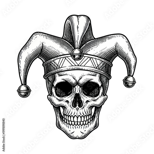 Jester Skull with Hat and Bells - Spooky Halloween Illustration