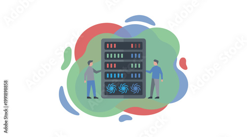 Two technicians stand beside a central server rack unit while surrounded by abstract colorful organic shapes that suggest high speed data flow processes.